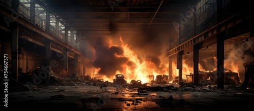 A large warehouse is seen filled with roaring fire, flames licking at the walls and ceiling. Smoke billows out of the windows as the fire rages uncontrollably, threatening nearby structures.