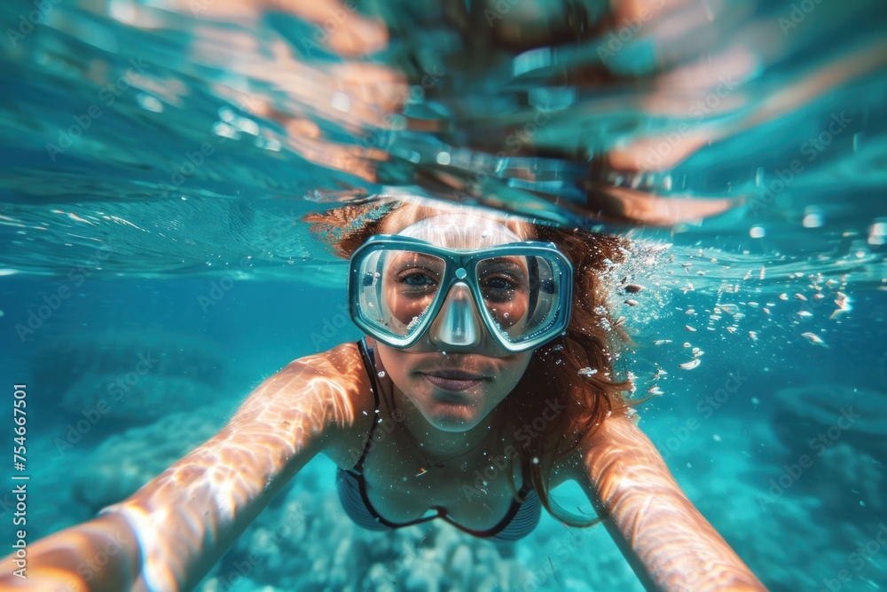 Fototapeta premium Plus-size young woman with a joyful expression snorkeling underwater, clear diving mask on, arms reaching forward, in crystal blue waters, sunlight filtering through.