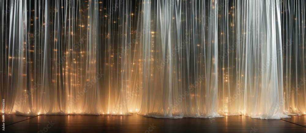 A stage is set with a plastic curtain hanging down, reflecting bright lights. The curtain partially conceals the stage, creating a sense of anticipation for the upcoming performance.