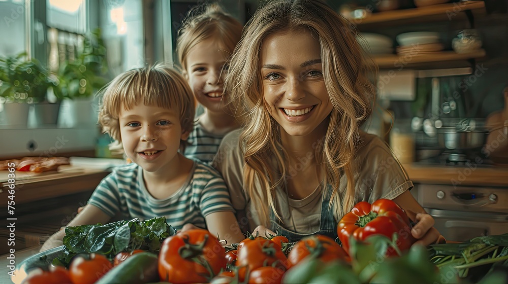 happy mother and children in the kitchen healthy food family cooking concept  