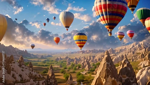 Hot air balloons flying over Cappadocia, Turkey, Hot air balloons flying over spectacular Cappadocia, AI Generated photo