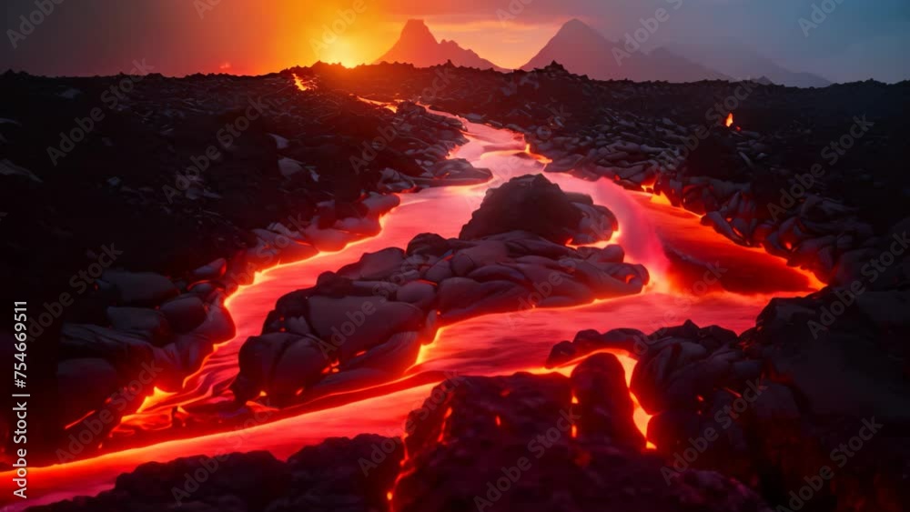 Volcanic landscape at sunset. 3D illustration. Fantasy nature, lava flowing lava into a mountain, AI Generated