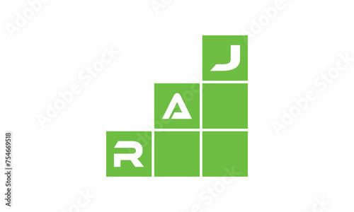 RAJ initial letter financial logo design vector template. economics, growth, meter, range, profit, loan, graph, finance, benefits, economic, increase, arrow up, grade, grew up, topper, company, scale