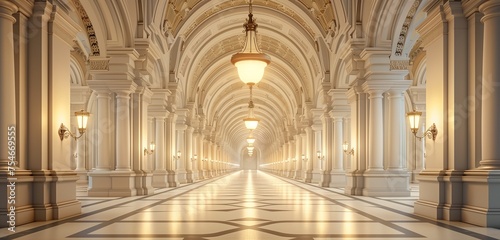 An enchanting HD photograph highlighting the graceful charm of elegant lanterns hanging from a classical white arcade.