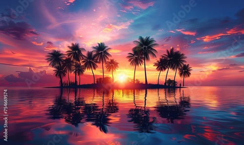 Colourful Sunset on a Paradise Island with Palm Trees, Silhouettes and Glossy Reflective Water.