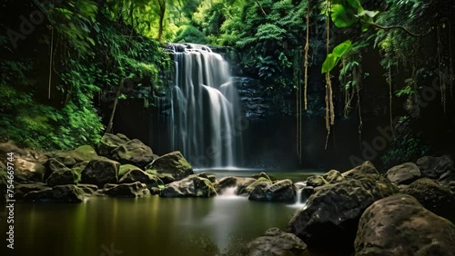 Tropical waterfall in the rainforest, long exposure photo, Long exposure of a waterfall in the jungle, Khao Yai National Park, Thailand, AI Generated photo