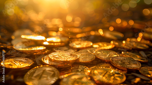 Golden Prosperity: Scattered Coins Bathed in Warm Backlight (Wealth, Abundance, Financial Success) photo