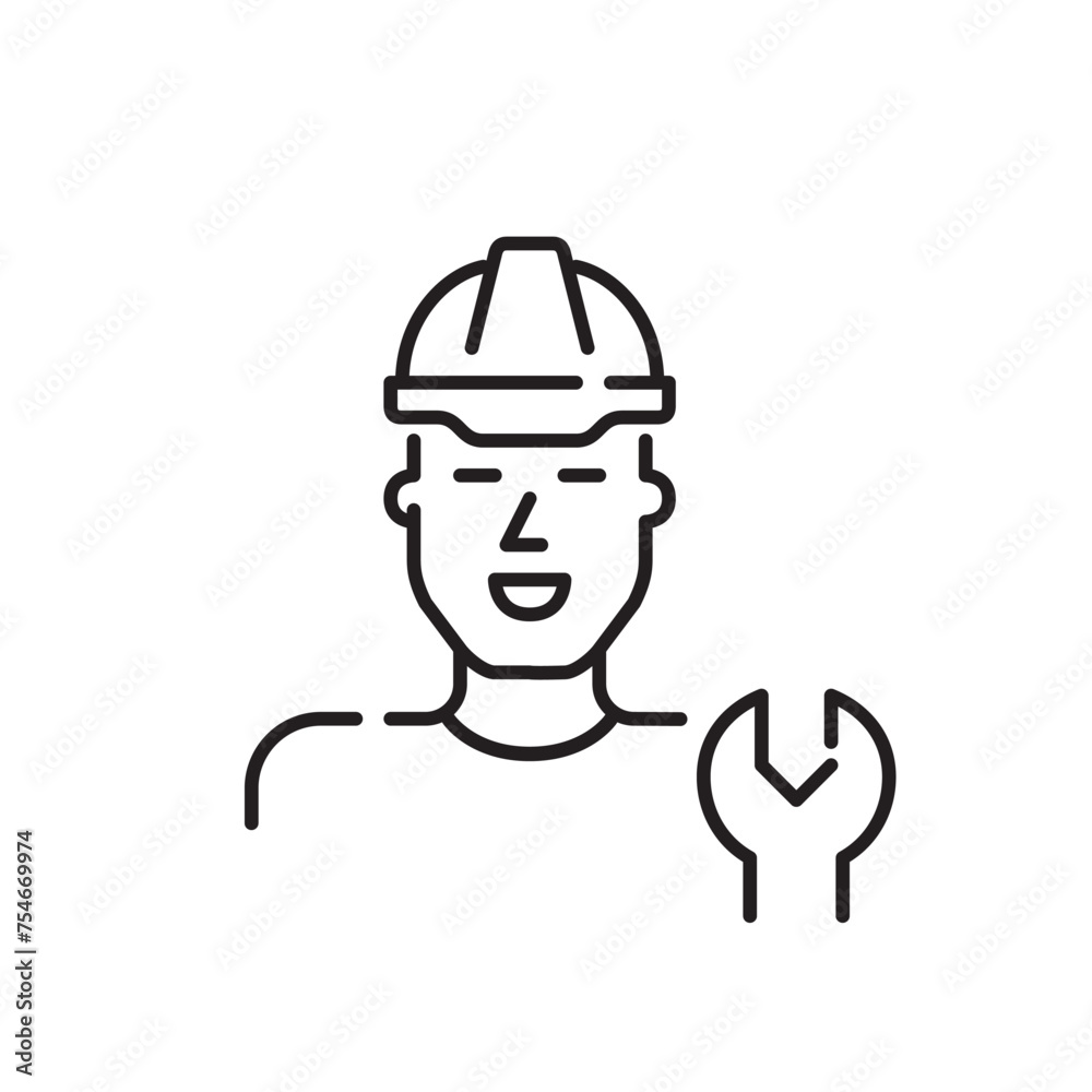 Man in hard hat with wrench. Skilled technician in engineering and construction. Pixel perfect vectory icon