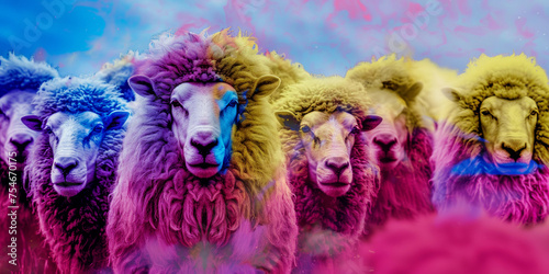 Sheeps with leadership. A conceptual pop art collage.