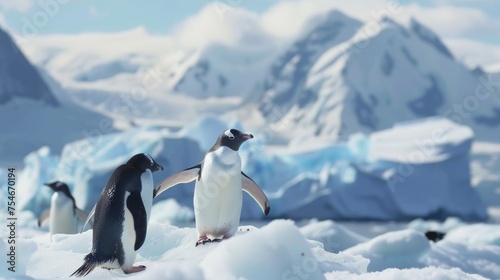 Playful Penguins Enjoying Snowy Habitat   Telephoto Perspective