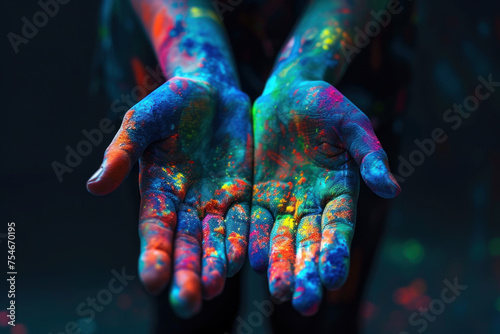  Outstretched Hands Covered in Vibrant Fluorescent Paint Illuminated by Black Light