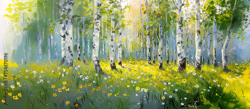 Spring birch painting. Art and nature. Summertime concept.
