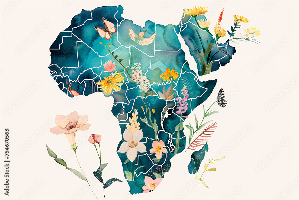Watercolor illustration of Africa map on white background. With small flowers and plants - obrazy, fototapety, plakaty 