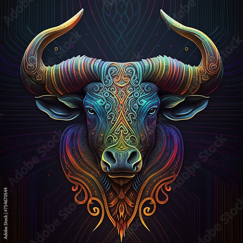 Bull illustration in symmetry celtic art. Element design. Celtic art of east totem and west style in psychedelic. Fit for apparel, cover, poster, banner, background. © Mahardicka