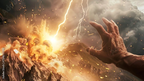 A muscular hand in the close foreground throwing a lightning bolt into a mountain in the background and blowing it to smithereens photo