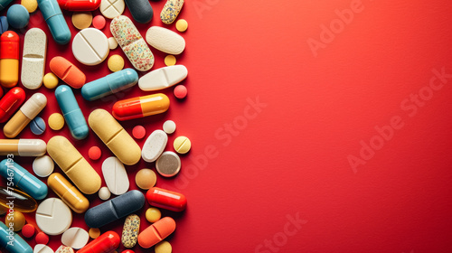 Top view: Various medicines scattered on a red background, illustrating options for different health conditions and needs photo