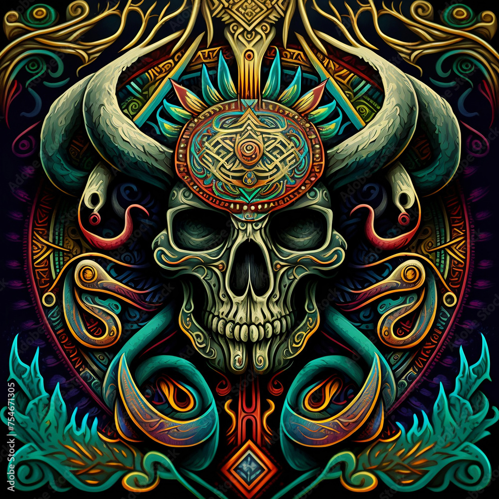 Skull illustration in symmetry celtic art. Element design. Celtic art of east totem and west style in psychedelic. Fit for apparel, cover, poster, banner, background.