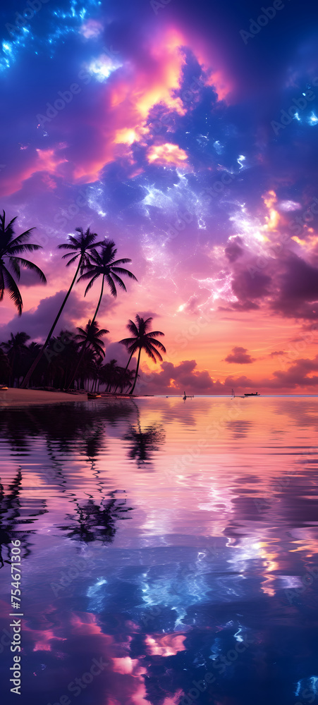the purple beach, with silver-pink palm trees, sky blue, Realistic photograph, ai generative