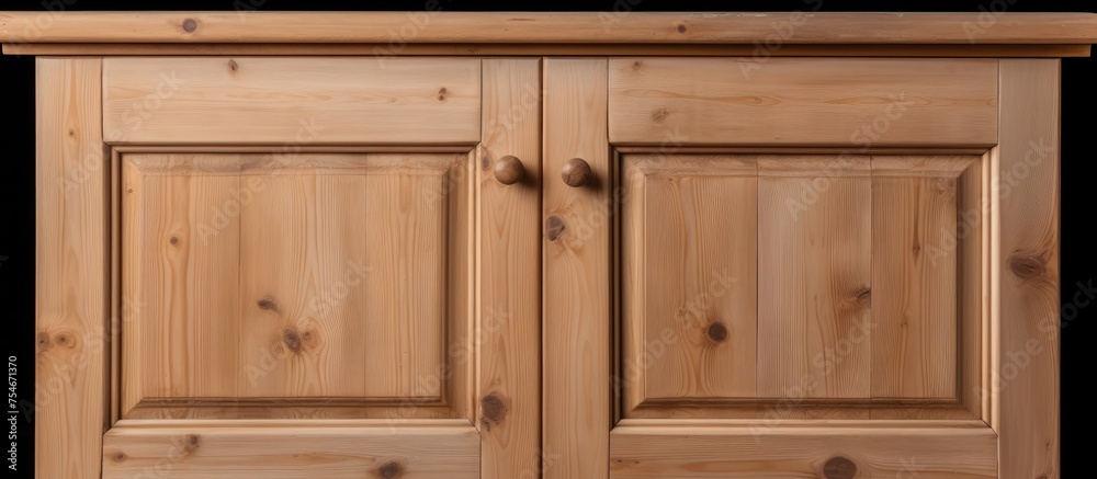 A detailed view of a sideboard cabinet constructed from solid pine wood, showcasing intricate grain patterns and well-crafted doors. The dark background accentuates the richness of the wood. A detailed view of a sideboard cabinet constructed from solid pine wood, showcasing intricate grain patterns and well-crafted doors. The dark background accentuates the richness of the wood.