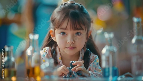 A cute little girl holds a microscope and holds a laboratory flask with a scientist testing water at school as an educational concept