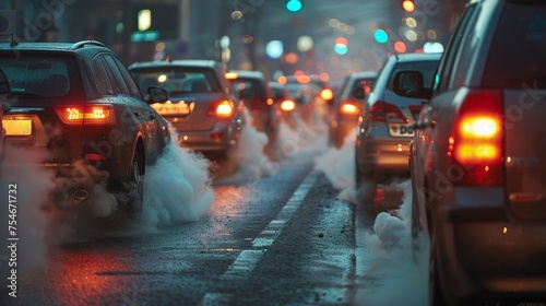 traffic jam, car tailpipe with smoke coming out and Polluting clouds of exhaust fumes rise in air