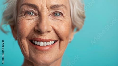  A close-up portrait of a joyful elderly woman with natural bright smile, exuding warmth, happiness, and positive aging, against a calm turquoise background.