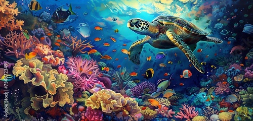 A breathtaking underwater scene with a majestic turtle gliding gracefully amidst a vibrant group of colorful fish and sea creatures. © Muhammad