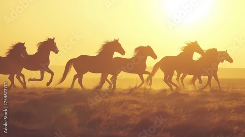 Dawn Gallop  Horses in Silhouette Racing Across the Field
