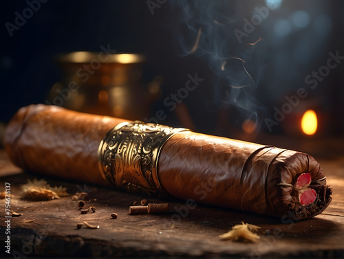 Single premium cigar with an ornate gold band and decorative end, showcasing its luxury appeal photo