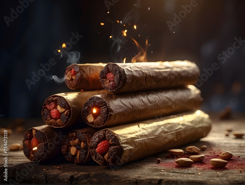 Bundle of artisanal cigars with intricate pink and gold bands, emphasizing the blend and construction photo