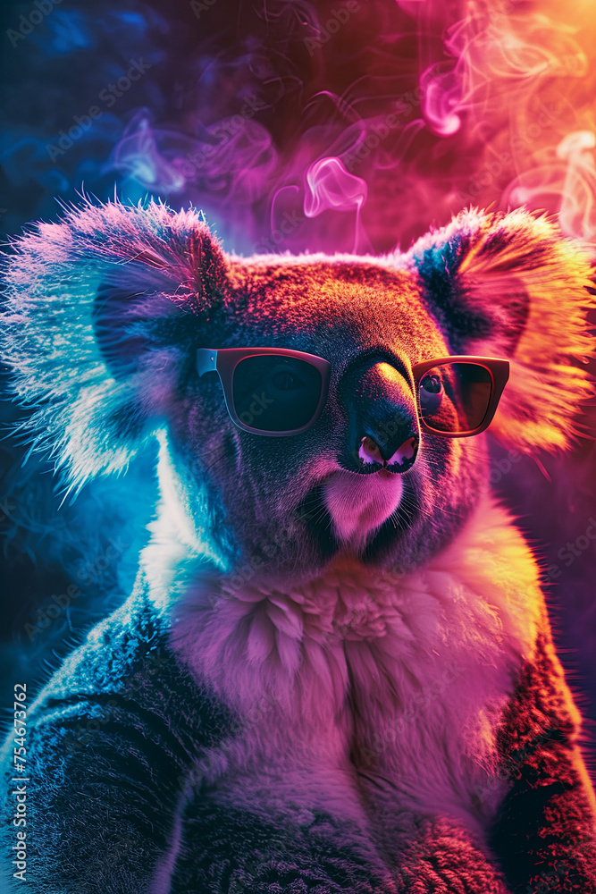 A cool looking Koala bear wearing sunglasses surrounded by colorful smokes