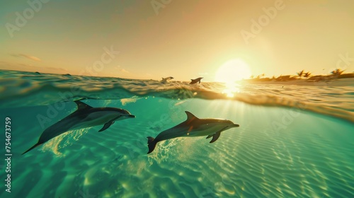 Golden Sunset with Playful Dolphins in Turquoise Waters © AnimalAI