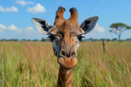 Curious giraffe face against the backdrop of the vast African savannah.