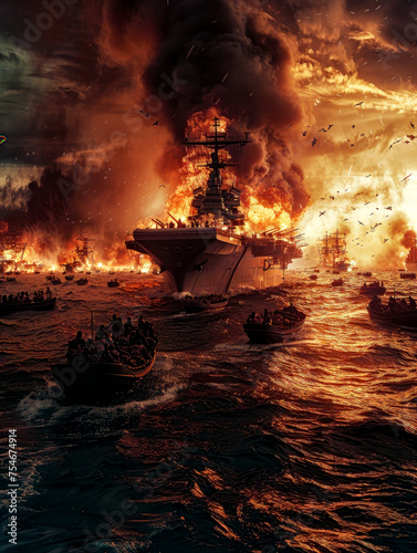 World War 2 air craft carrier on fire in the middle of a sea battle, generative ai