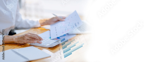 Business financial analytics data advisory concept. Businesswoman working on digital laptop computer with advisor showing plan of investment to clients at table office, Business marketing.