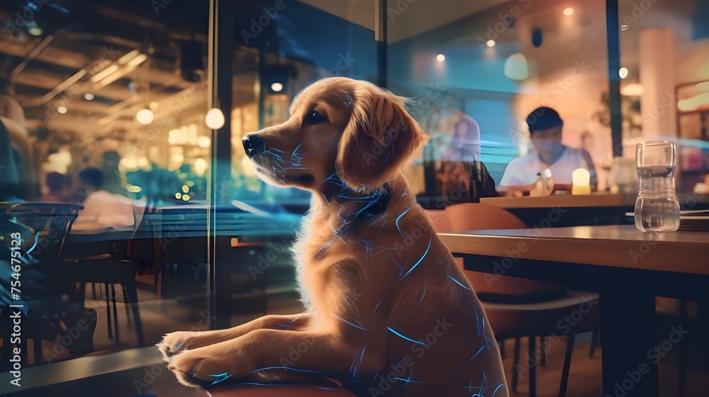 Hay un perro sentado frente a una ventana con una luz que brilla sobre él ai generativo
 - obrazy, fototapety, plakaty 