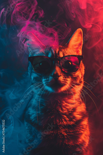 A cool looking cat wearing sunglasses surrounded by colorful smokes