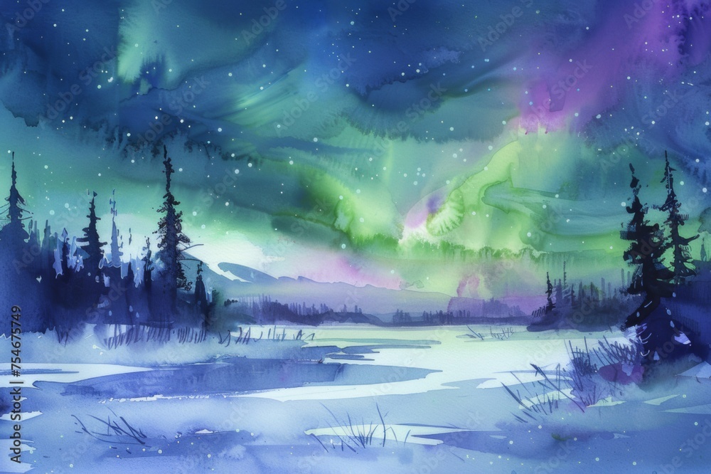 A dreamy watercolor depicting the Northern Lights. It showcases vibrant shades of green and purple in the night sky.