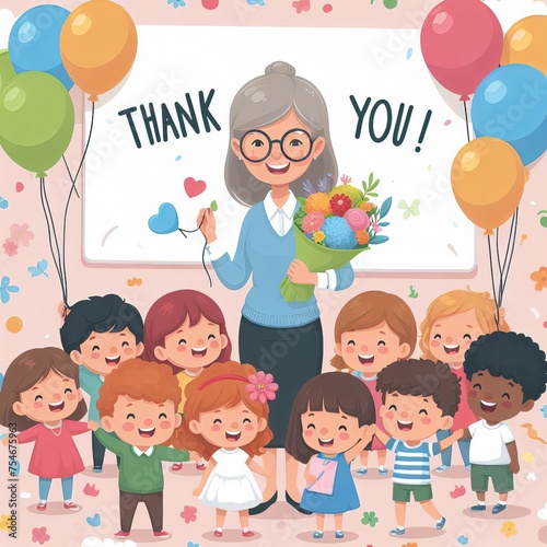 Happy Teacher's Day.teacher and students celebrate teacher's day vector illustration, Generative Ai.