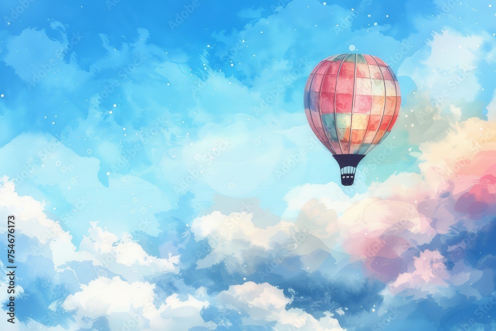 Naklejka premium Watercolor illustration of a hot air balloon floating in the sky.