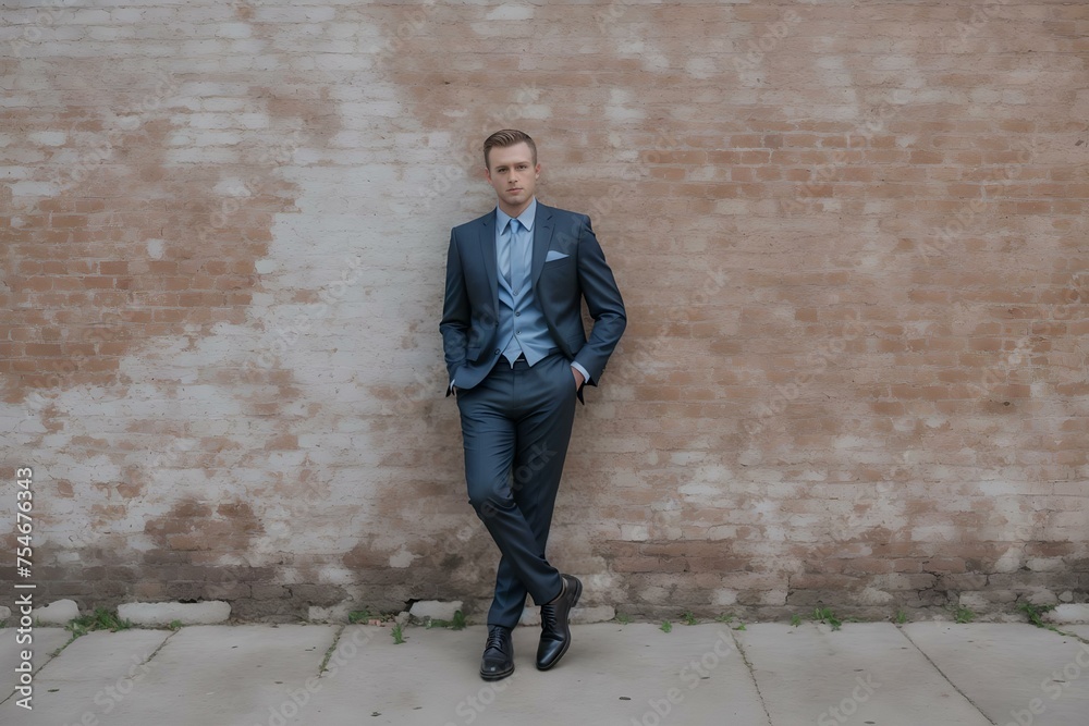 Elegant Professional in a Tailored Suit Standing Against a Brick Wall Elegant Professional in a Tailored Suit Standing Against a Brick Wall
