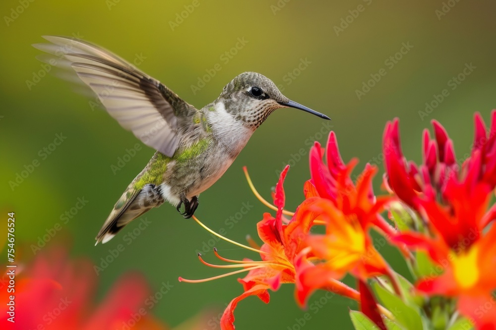 Fototapeta premium A hummingbird hovers over a bright red flower.