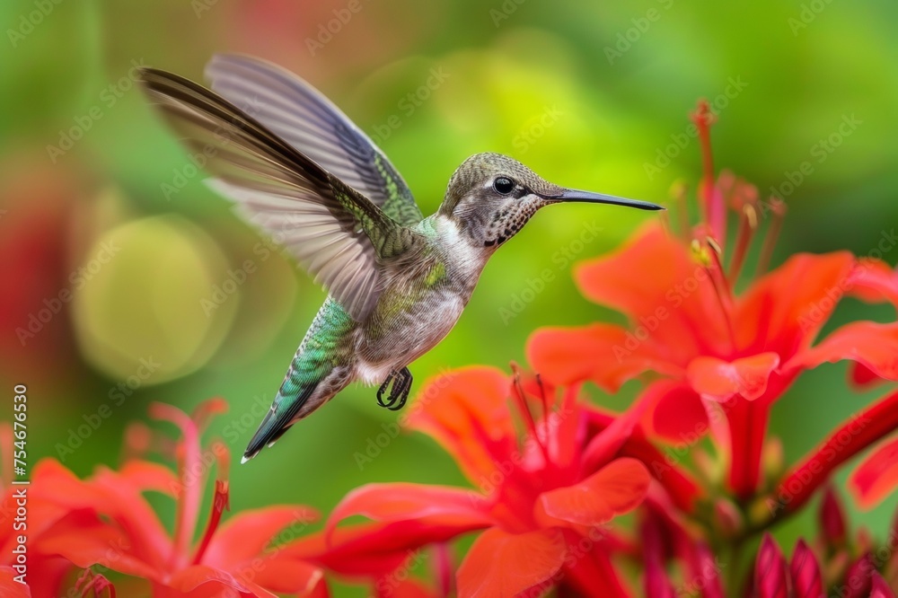 A hummingbird hovers over a bright red flower. A hummingbird hovers over a bright red flower.