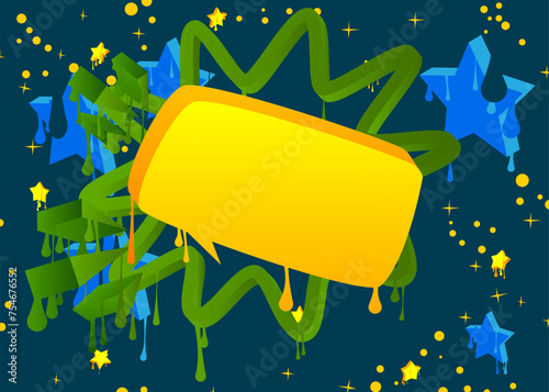 Yellow, Blue, and green Graffiti speech bubble. Abstract modern Messaging sign street art decoration, Discussion icon performed in urban painting style.