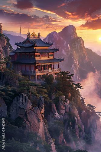 A traditional Buddhist temple on top of a mountain during the sunset