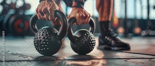 Close-up on kettlebells and athletic gloves