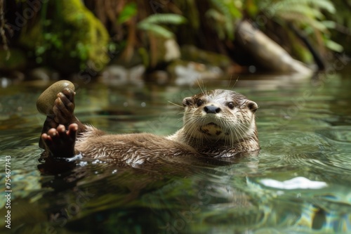 A playful otter floats on the back of a clear stream.