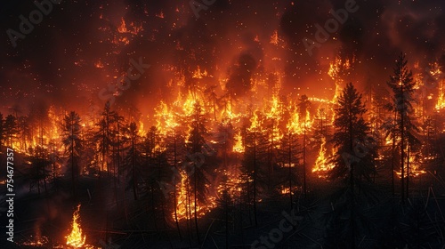  Forest Fire Disaster Illustration: Trees Ablaze in the Night, AI-Generated