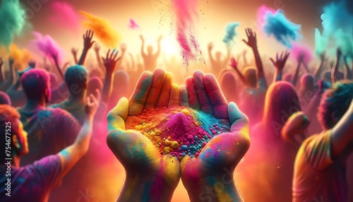 Realistic illustration celebrating the holi with two hands in focus covered in a vibrant color powders.
