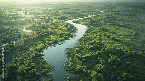 Aerial View of a River Delta with Lush Green Vegetation, AI-Generated